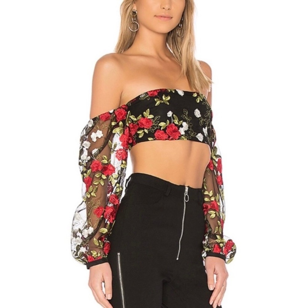New Lovers&Friends Black Juliana Floral Embroidered Mesh Sheer Bliss Crop Top XS